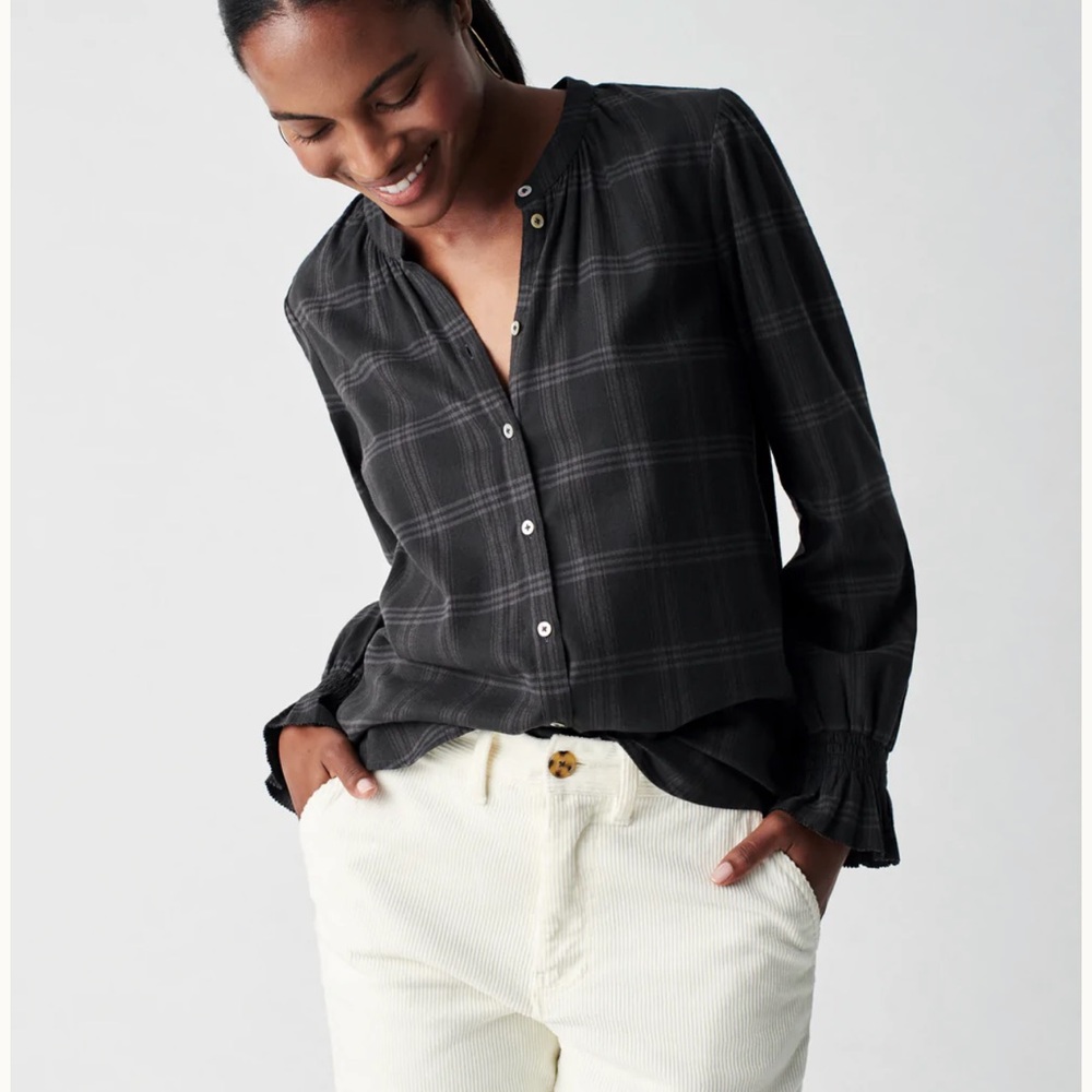 Faherty Black Plaid Button-Front Peasant Blouse